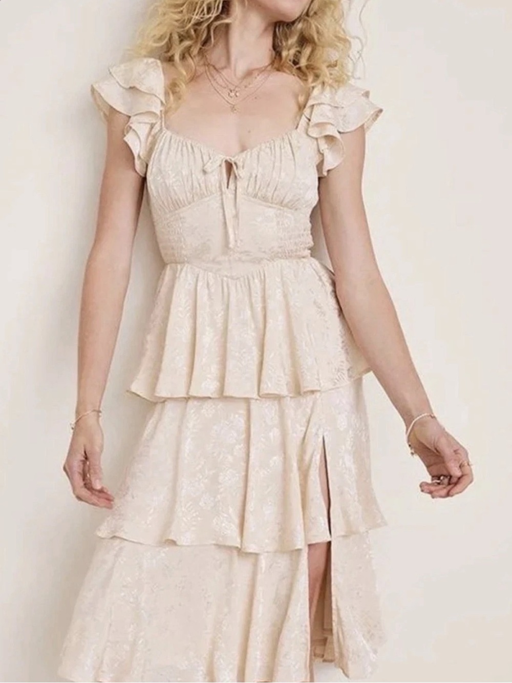 NWT Francesca’s Satin Tiered Midi Dress In Cream Medium    N